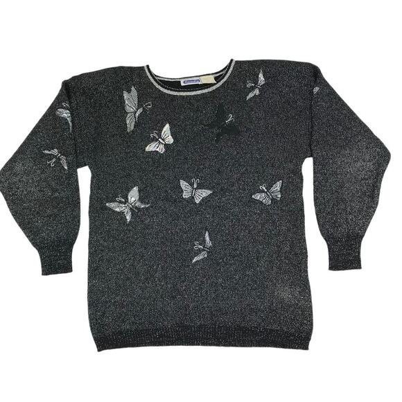 MARIEA KIM VTG Patchwork Sweater Women L Black/Silver Butterfly Retro 90's Y2K - Picture 3 of 10
